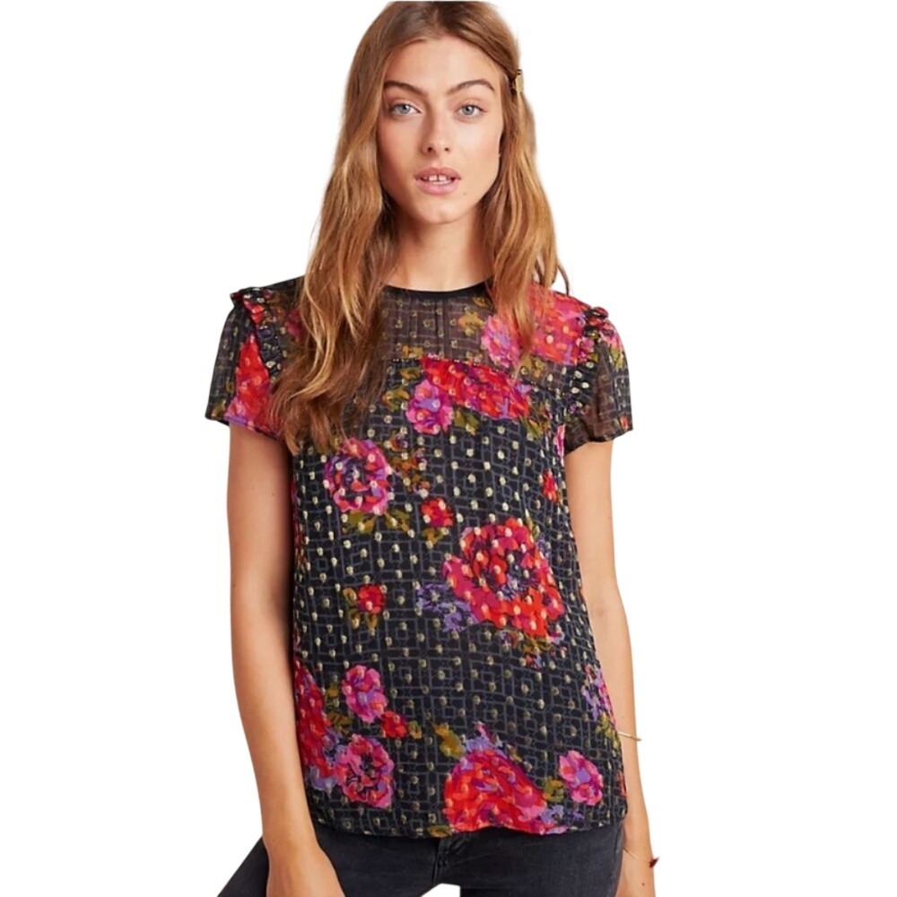 Anthropologie‎ Floral Metallic Blouse Women 0P Black Red